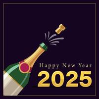 Happy New Year Greeting Card Design with Open Champagne Glass in Purple Background Illustration. vector