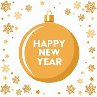 Happy New Year Text Bauble Hnging in Golden Stars and Snowflake Decoration Illustration. vector
