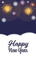 Happy New Year Greeting Card Design with Colorful Firework Burst in the Sky Background Illustration. vector