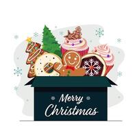 Merry Christmas Greeting Card with Box Full of Gingerbread, Donut, Cookies, Cupcake and Xmas Tree on White Background. vector