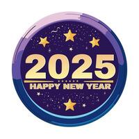 Beautiful Happy New Year 2025 Text and Confetti in Round Frame in Blue and Purple Illustration. vector