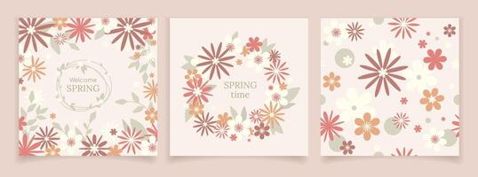 Spring floral minimalist backgrounds design with abstract flowers pastel colors set.Vintage botanical spring or summer card banner templates.Floral frame vignette, seamless pattern. illustration vector