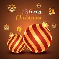 Merry Christmas Greeting Card Design with Realistic Baubles, Snowflakes and Gift Boxes on Shiny Brown Background. vector