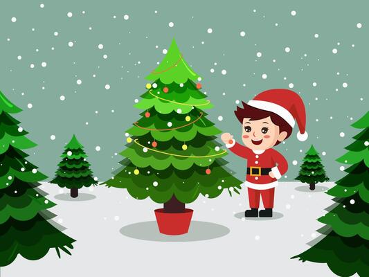 Cute little boy in santa costume with decorative christmas tree in snowfall illustration.