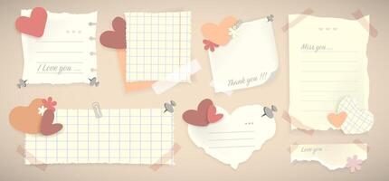 Vintage Torn paper notes and memos with adhesive tape and hearts design elements.Valentine memo notes with hearts set. Torn ripped paper sheets.Scrapbook notes and cards. illustration vector