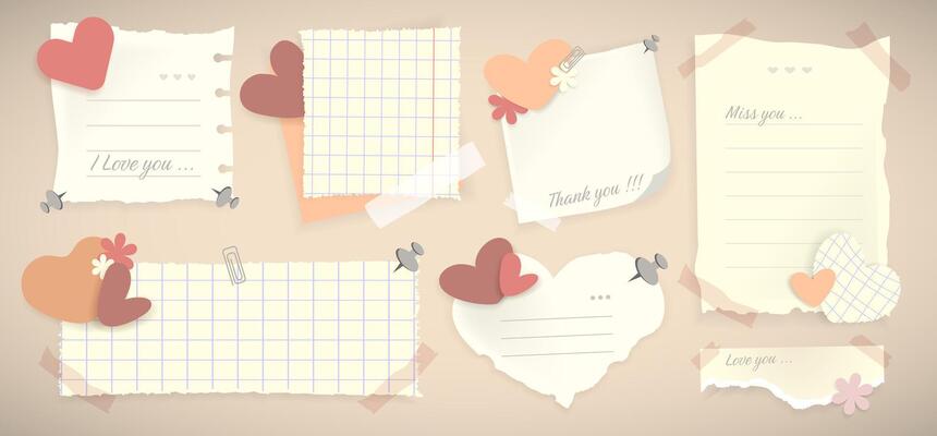 Vintage Torn paper notes and memos with adhesive tape and hearts design elements.Valentine memo notes with hearts set. Torn ripped paper sheets.Scrapbook notes and cards. illustration