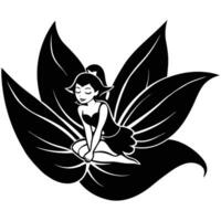 Fairy Resting on Flower Petal Silhouetted on White Background vector