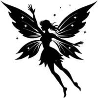 Fairy Soaring with Wings Fully Spread Silhouetted on White Background vector
