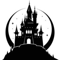 Towering Castle Silhouetted Against Glowing Moon Silhouette vector