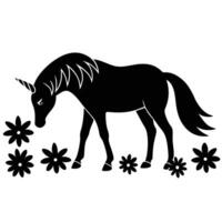 Unicorn Grazing in Flower Field Silhouette on White Background vector
