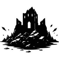 Ruined Castle with Fallen Stones Silhouetted on White Background vector