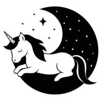 Sleeping Unicorn Under Glowing Crescent Moon Silhouette on White Background vector
