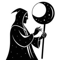 Spellcaster Studying Crystal Ball on Staff Under Magical Sky Silhouette on White Background vector