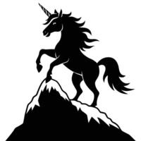 Unicorn Rearing on Mountain Peak Silhouette on White Background vector