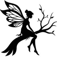 Fairy on Edge of a Tree Branch Silhouetted on White Background vector