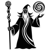 Old Wizard with Staff and Swirling Magical Aura Silhouetted on White Background vector
