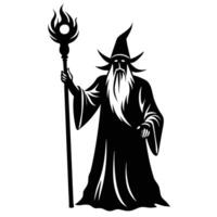 Wizard holding staff and glowing orb silhouetted on white background vector