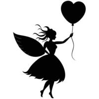 Fairy Holding a Heart-Shaped Balloon Silhouetted on White Background vector