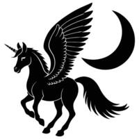 Unicorn with Angelic Wings Under Crescent Moon Silhouette on White Background vector