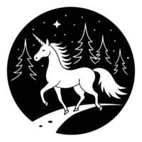 Unicorn Dashing Across Forest Path Silhouette on White Background vector