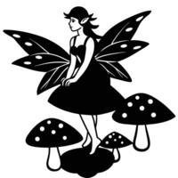 Fairy Perched on a Group of Small Mushrooms Silhouetted on White Background vector