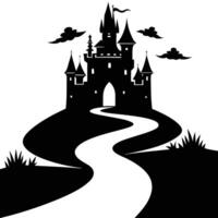 Gothic Castle Perched Over Dark Pathway Silhouetted on White Background vector