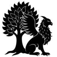 Griffin Sitting Calmly Silhouetted on White Background vector