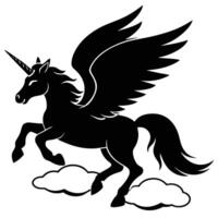 Flying Winged Unicorn Silhouette Casting Shadow on Clouds on White Background vector