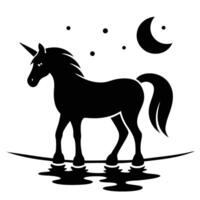 Unicorn Standing by Water Silhouette with Moon Reflection on White Background vector