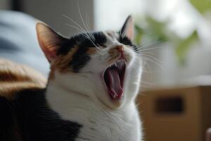 A cat yawning while sitting on a couch photo