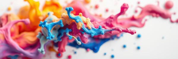 Colorful splashes of paint create an abstract pattern on a white background showcasing vibrant hues and textures photo