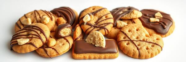 Delicious assortment of cookies with chocolate and crunchy toppings on a white background photo