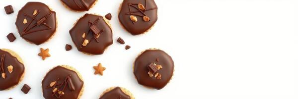 Delicious chocolate-covered cookies with nuts and dessert elements arranged on a clean surface photo