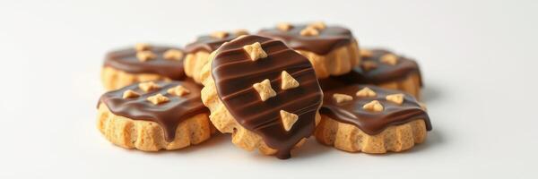 Delicious chocolate-covered cookies with decorative toppings arranged on a clean surface photo