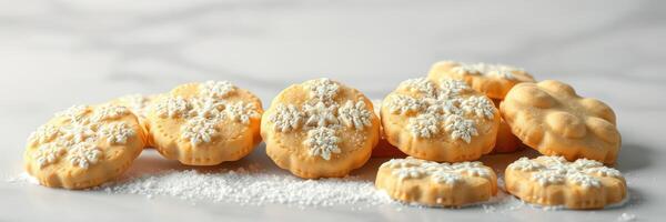 Beautifully crafted cookies decorated with icing on a marble countertop displaying their intricate designs photo