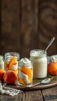 Creamy peach dessert in jars with fresh fruit on a rustic wooden table photo