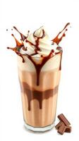Creamy chocolate shake with whipped cream and syrup creating a delicious splash photo