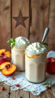 Delicious peach desserts served in jars with whipped cream on a rustic wooden table photo