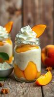 Delicious peach parfaits served in jars with whipped cream and fresh peach slices, perfect for summer desserts photo