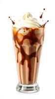 Delicious chocolate milkshake topped with creamy swirl and chocolate drizzle in a glass photo