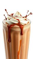 Creamy chocolate drink topped with whipped cream and chocolate drizzle served in a tall glass photo