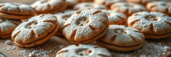 recién horneado galletas espolvoreado con en polvo azúcar en un de madera superficie en un calentar cocina ajuste foto