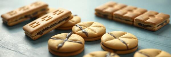 Delicious assortment of creamy chocolate-filled cookies arranged on a blue surface photo