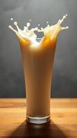 Creamy drink splashes in tall glass on wooden table against dark background photo
