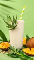 Fresh tropical smoothie made with coconut and mango, served on a vibrant green background with garnishes photo
