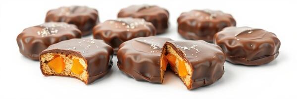 Chocolate-covered treats with orange filling arranged on a white surface photo