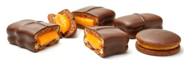 Delicious chocolate treats filled with creamy orange and smooth caramel on a white background photo