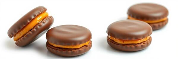 Chocolate sandwich cookies with creamy filling arranged on a white background for visual appeal photo