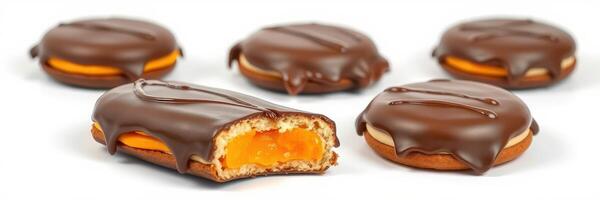Delicious chocolate-covered biscuits with orange cream filling presented on a white background photo