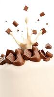 Chocolate pieces cascading over a creamy surface in a delightful dessert display photo